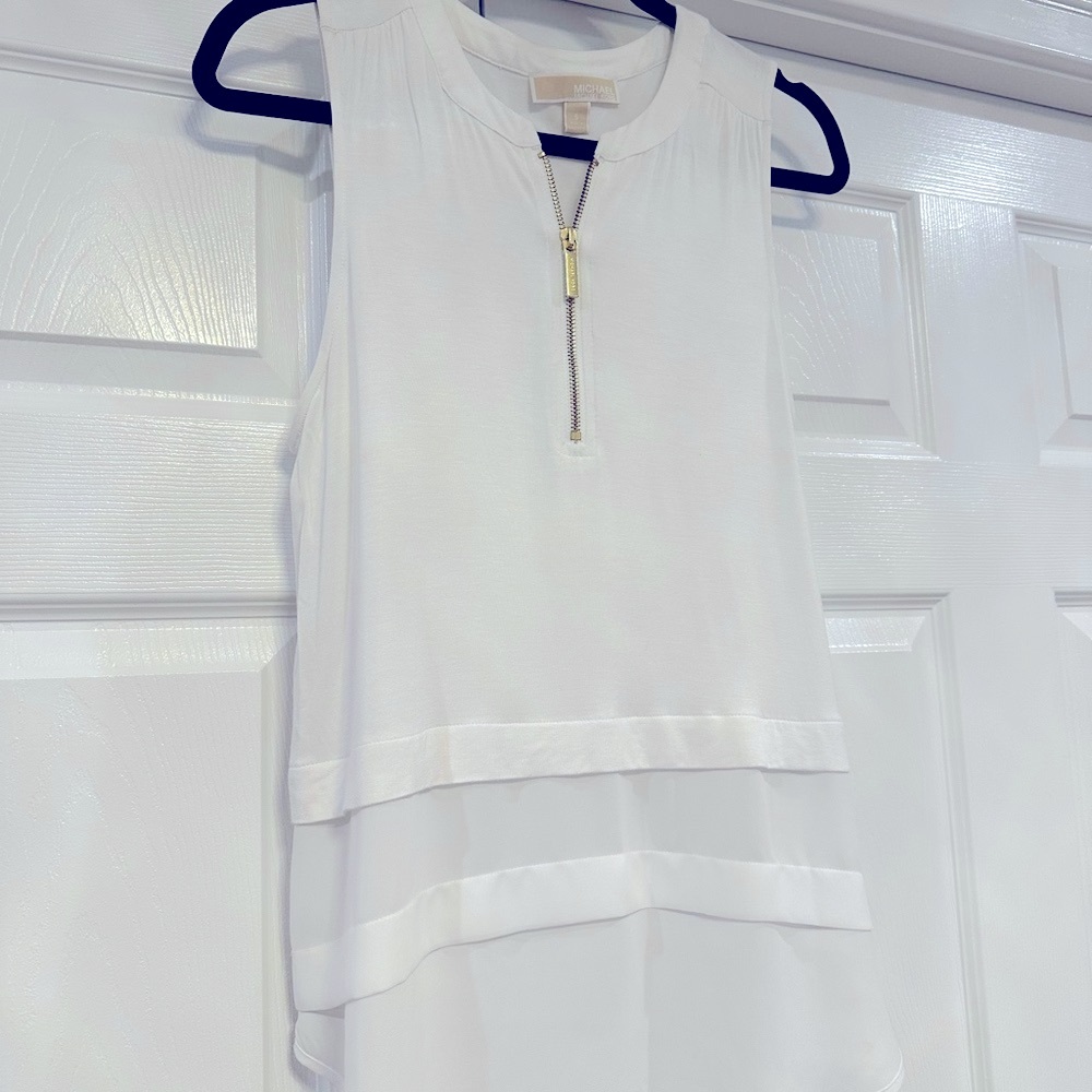Michael Kors White Sleeveless Blouse with Zippered Mandarin Collar